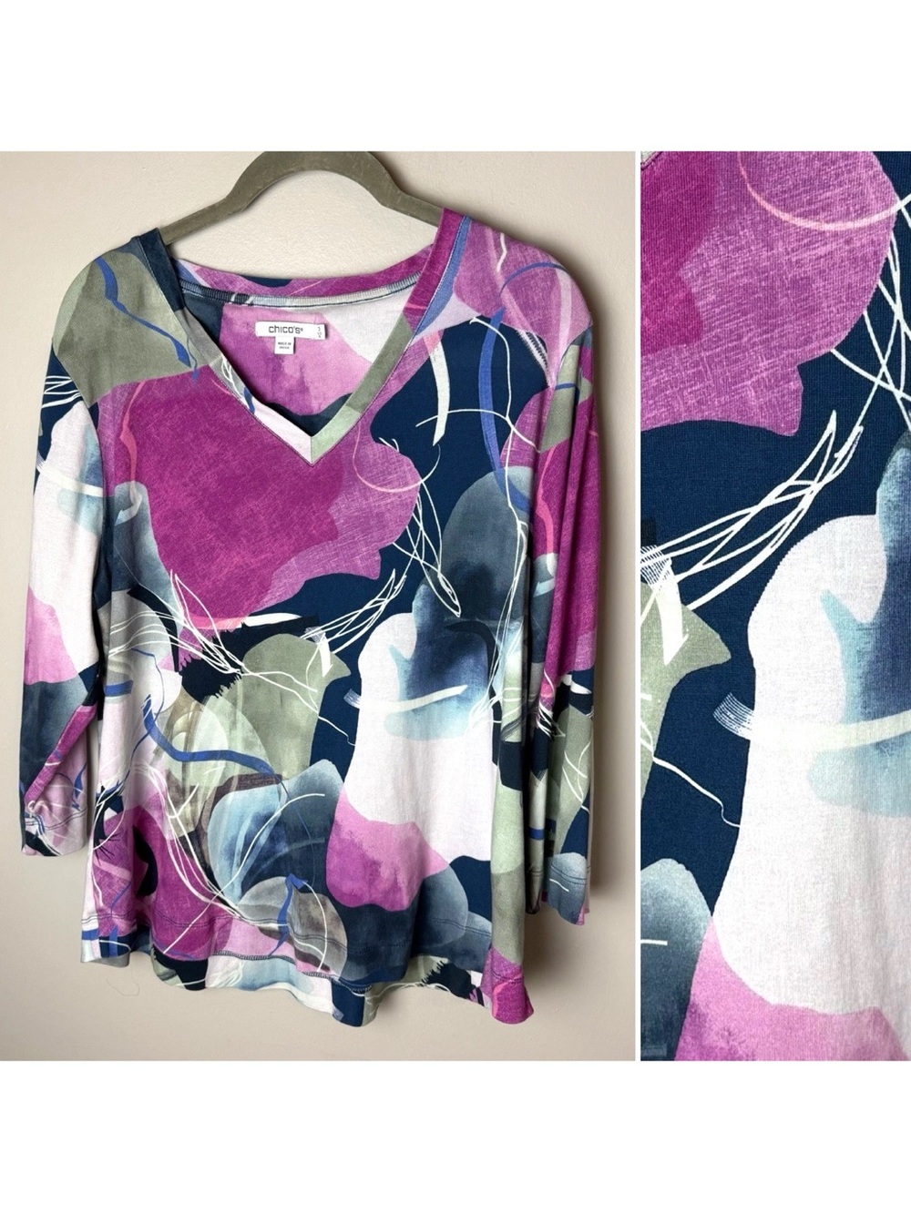 Chico's Top Size 3 (XL, 16) Abstract Watercolor Print V-Neck 3/4 Sleeves Cotton